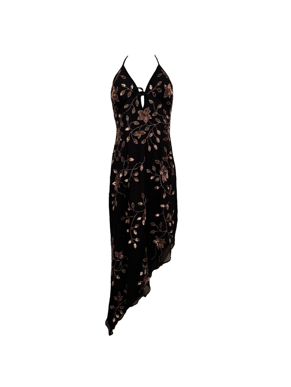 Rare Cache Floral Black Beaded Cache Assumetrical Silk Dress Size Small